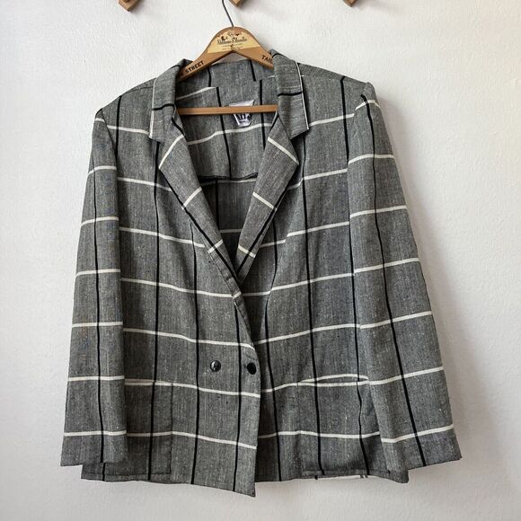 Vtg 80s‎ gray black plaid oversize textured womens blazer M/L 2 button - Picture 1 of 5